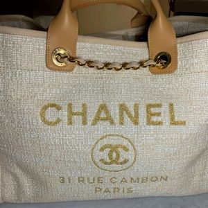 Authentic Chanel Deuville Ivory and Gold. Gold hardware, large Sz.
